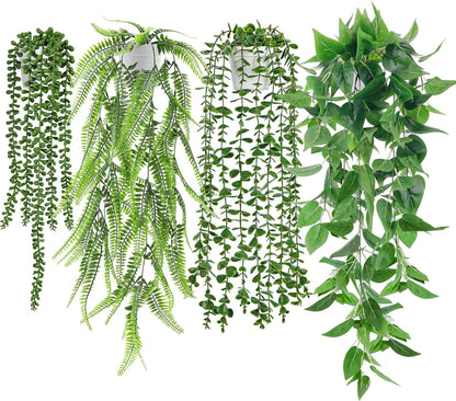 Der Rose 4Pcs Fake Plants Hanging Artificial Ivy Vine Faux Eucalyptus Hanging Plants, Boston Fern, String of Pearls for Living Room Aesthetic Bedroom Boho Kitche Wall Shelf Indoor Outdoor Decor