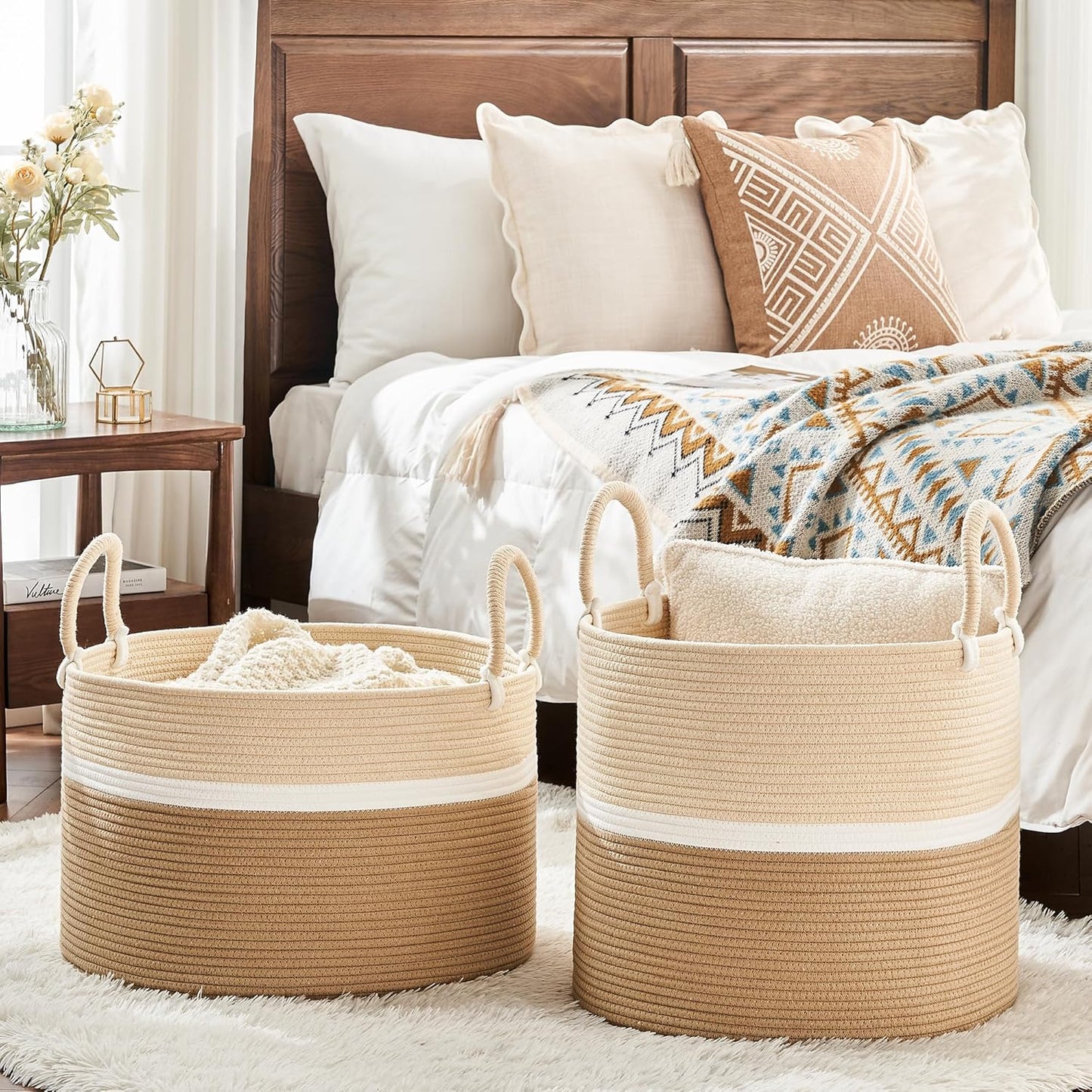 KAKAMAY Large Blanket Basket (20"x13"),Woven Baskets for storage Baby Laundry Hamper, Cotton Rope Blanket Basket for Living Room, Laundry, Nursery, Pillows, Baby Toy chest (White/Brown)