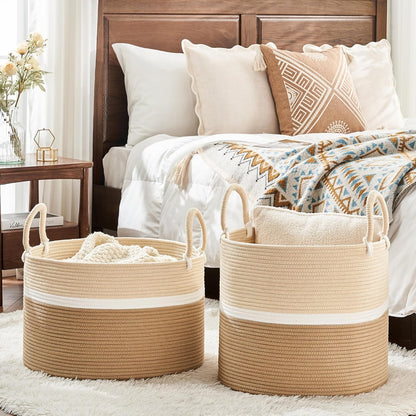 KAKAMAY Large Blanket Basket (20"x13"),Woven Baskets for storage Baby Laundry Hamper, Cotton Rope Blanket Basket for Living Room, Laundry, Nursery, Pillows, Baby Toy chest (White/Brown)