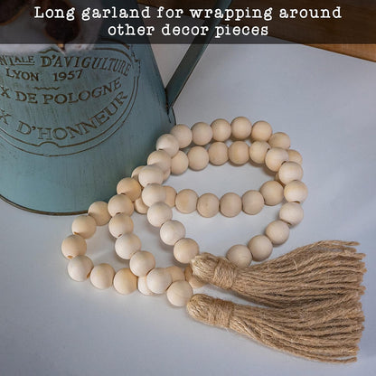 Farmhouse Wood Bead Garland Home Decor, Natural Wooden Garland for Tiered Tray, Decorative Tassel for Tier Tray, Rustic Beads Centerpiece Boho Table Decor, Beaded Accent White Washed