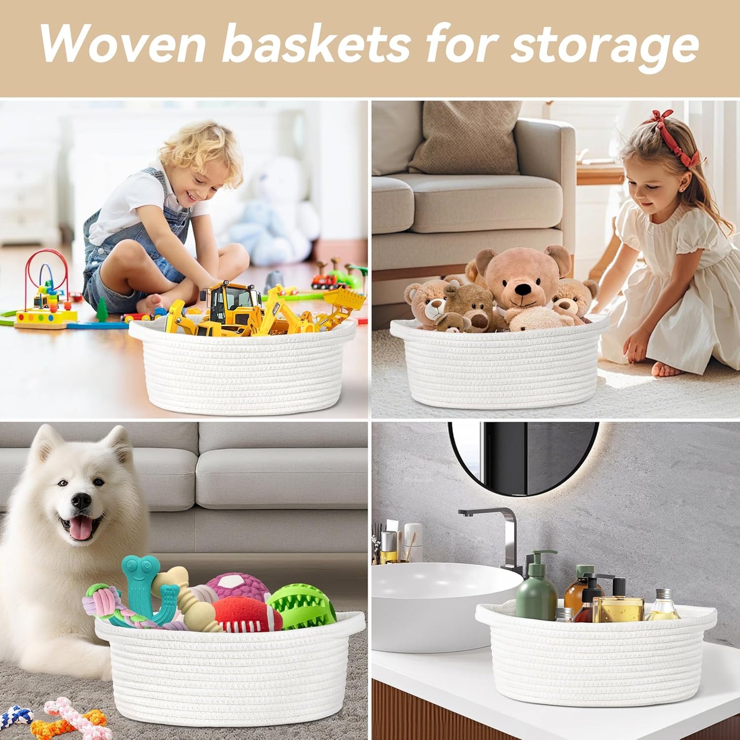 Pro Goleem Small Woven Basket with Gift Bags and Ribbons Durable Baskets for Mothers Day Gifts Empty Small Rope Basket for Storage 12"X 8" X 5" Baby Toy Baskets with Handles, White