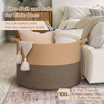 INDRESSME XXXLarge Blanket Basket for Living Room 21.7" x 21.7" x 13.8"-Storage Basket with Handle for Organizing Toy Pillows Woven Cotton Rope Laundry Basket Stuffed Animal Toy Storage for Play Room