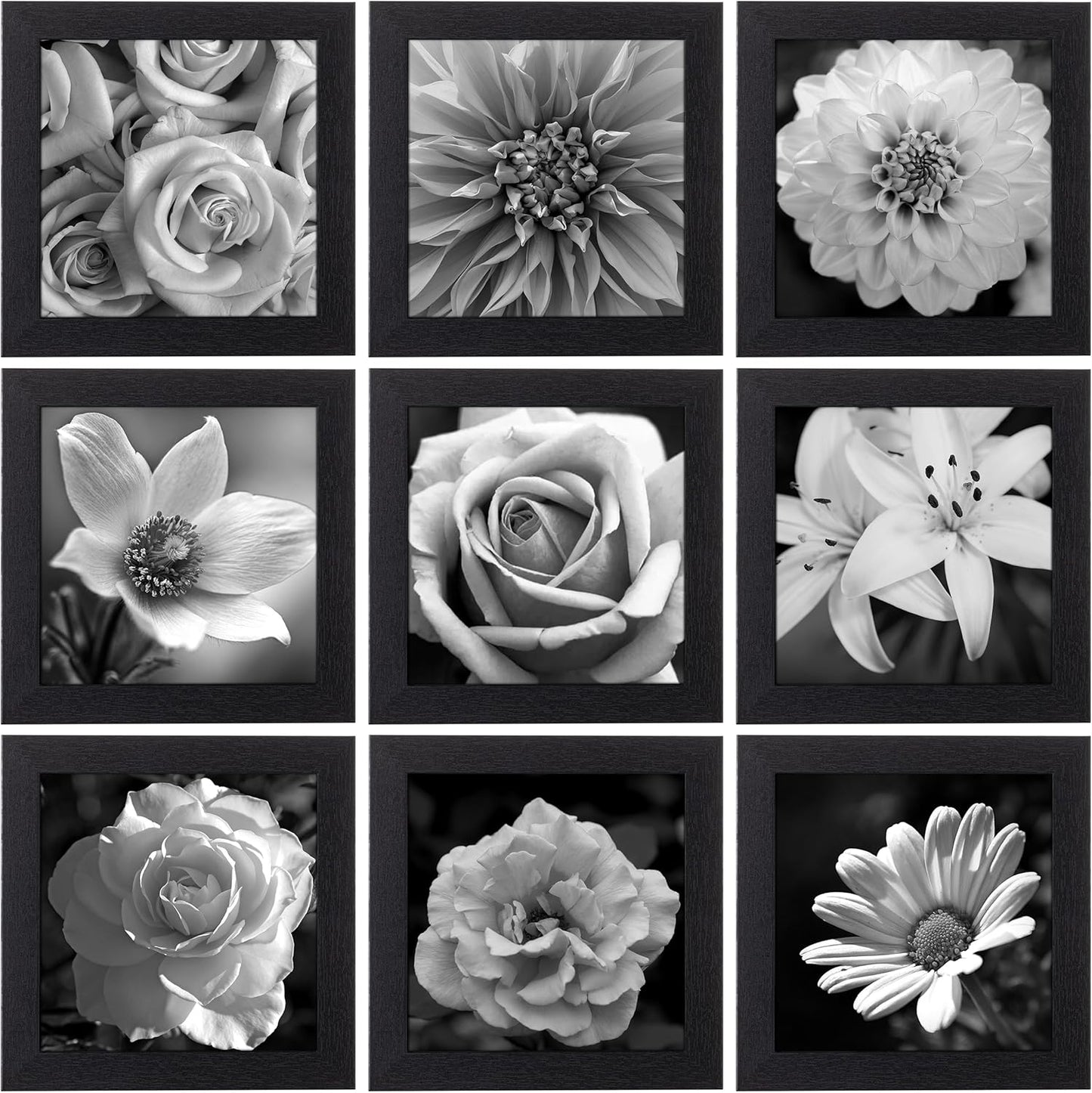 eletecpro 12x12 Picture Frames Set of 9 with Clear Acrylic Cover, Display 8x8 Photos with Mat or 12x12 Without, Classic and Sturdy Square Collage Gallery Wall Decor, Easy Wall Mount, Black
