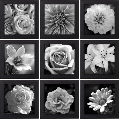 eletecpro 12x12 Picture Frames Set of 9 with Clear Acrylic Cover, Display 8x8 Photos with Mat or 12x12 Without, Classic and Sturdy Square Collage Gallery Wall Decor, Easy Wall Mount, Black