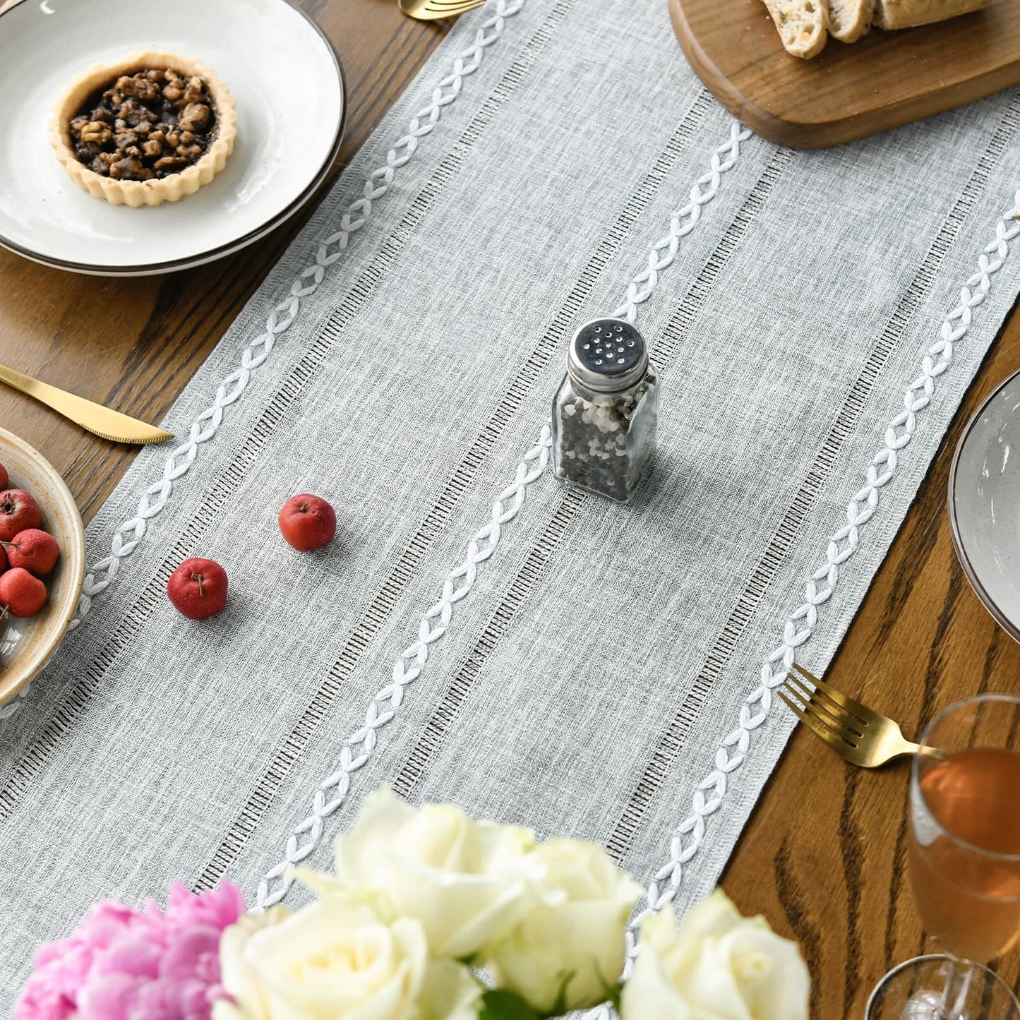 Artoid Mode Beige Rustic Cotton Linen Table Runner, Seasonal Embroidered Hollow Kitchen Dining Table Decoration for Home Party Decor 13x72 Inch