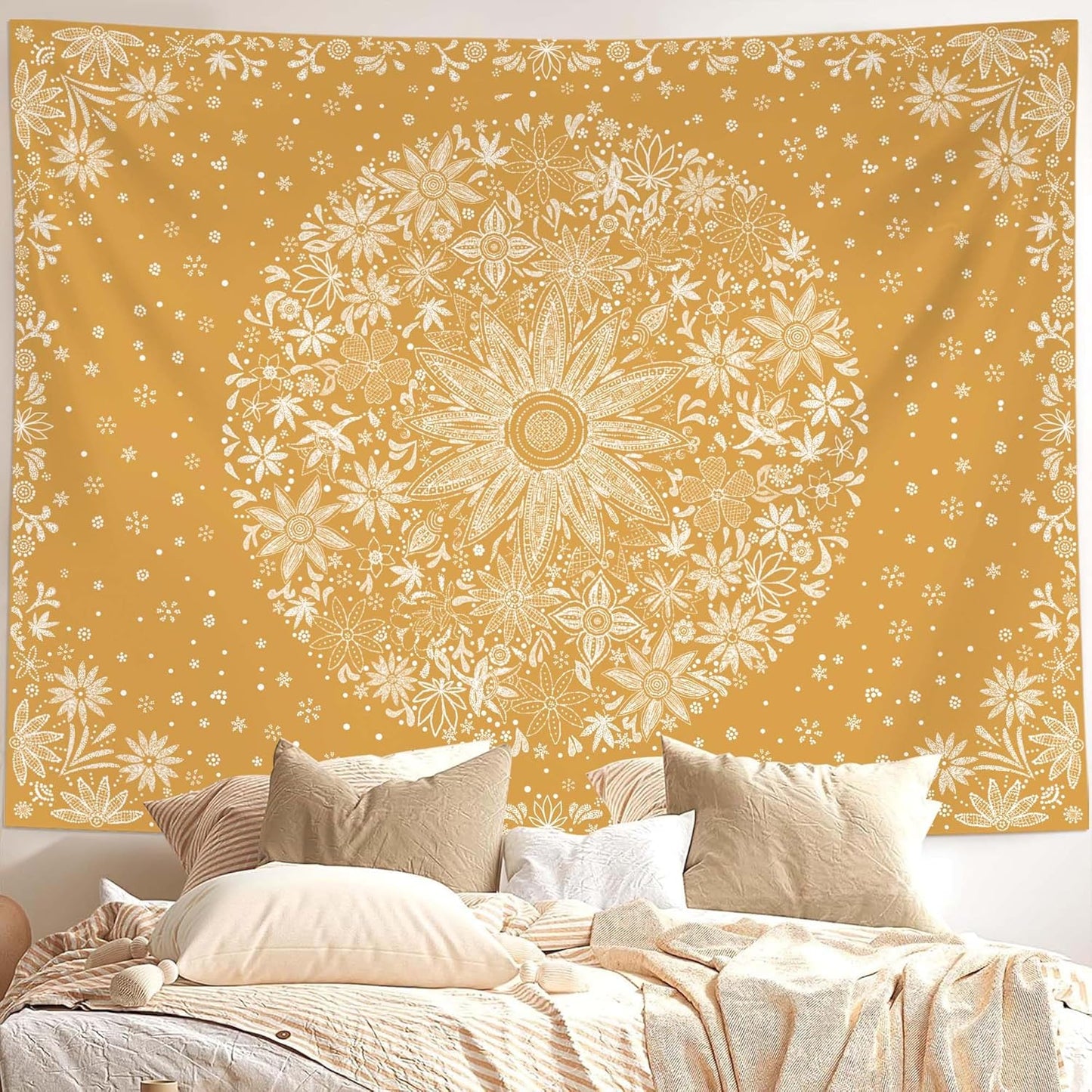 Neasow Bohemian Tapestry Wall Hanging, Beige White Floral Tapestry with Dotted Daisy Medallion Print Bedroom Boho Hippie Home Decor, 36×48 inches