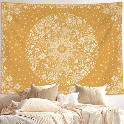 Neasow Bohemian Tapestry Wall Hanging, Beige White Floral Tapestry with Dotted Daisy Medallion Print Bedroom Boho Hippie Home Decor, 36×48 inches
