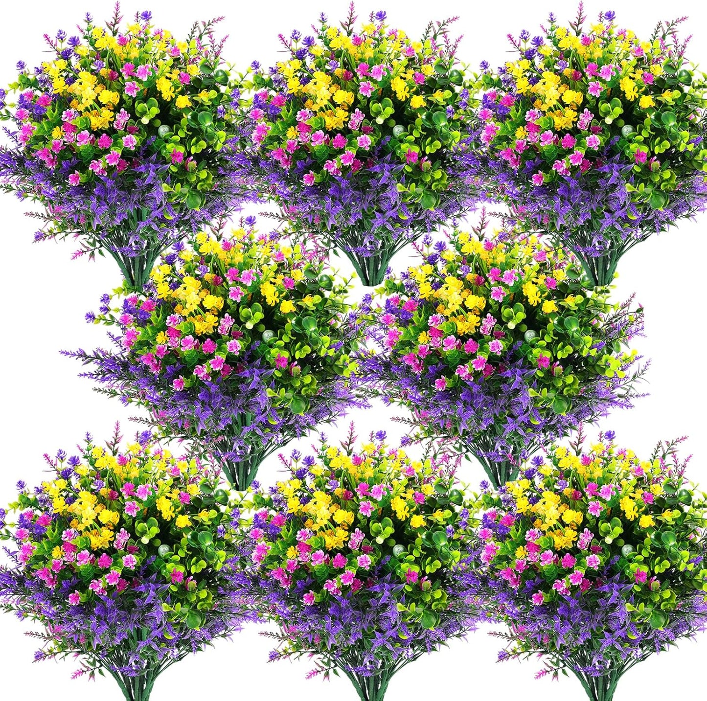 Hananona 12 Pcs Artificial Flowers Outdoor, Faux Artificial Plants UV Resistant Plastic Flower Bulk for Hanging Planter Porch Window Home Wedding Fall Summer Decor (12, Fuchsia, Purple, Yellow, Green)