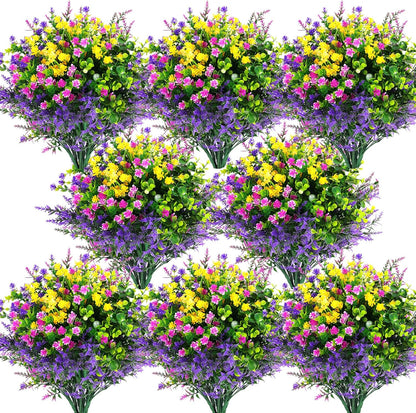 Hananona 12 Pcs Artificial Flowers Outdoor, Faux Artificial Plants UV Resistant Plastic Flower Bulk for Hanging Planter Porch Window Home Wedding Fall Summer Decor (12, Fuchsia, Purple, Yellow, Green)