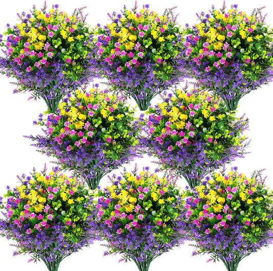 Hananona 12 Pcs Artificial Flowers Outdoor, Faux Artificial Plants UV Resistant Plastic Flower Bulk for Hanging Planter Porch Window Home Wedding Fall Summer Decor (12, Fuchsia, Purple, Yellow, Green)