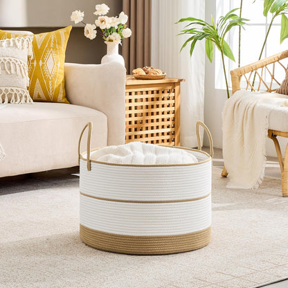 KAKAMAY Large Blanket Basket (20"x13"),Woven Baskets for storage Baby Laundry Hamper, Cotton Rope Blanket Basket for Living Room, Laundry, Nursery, Pillows, Baby Toy chest (White/Brown)