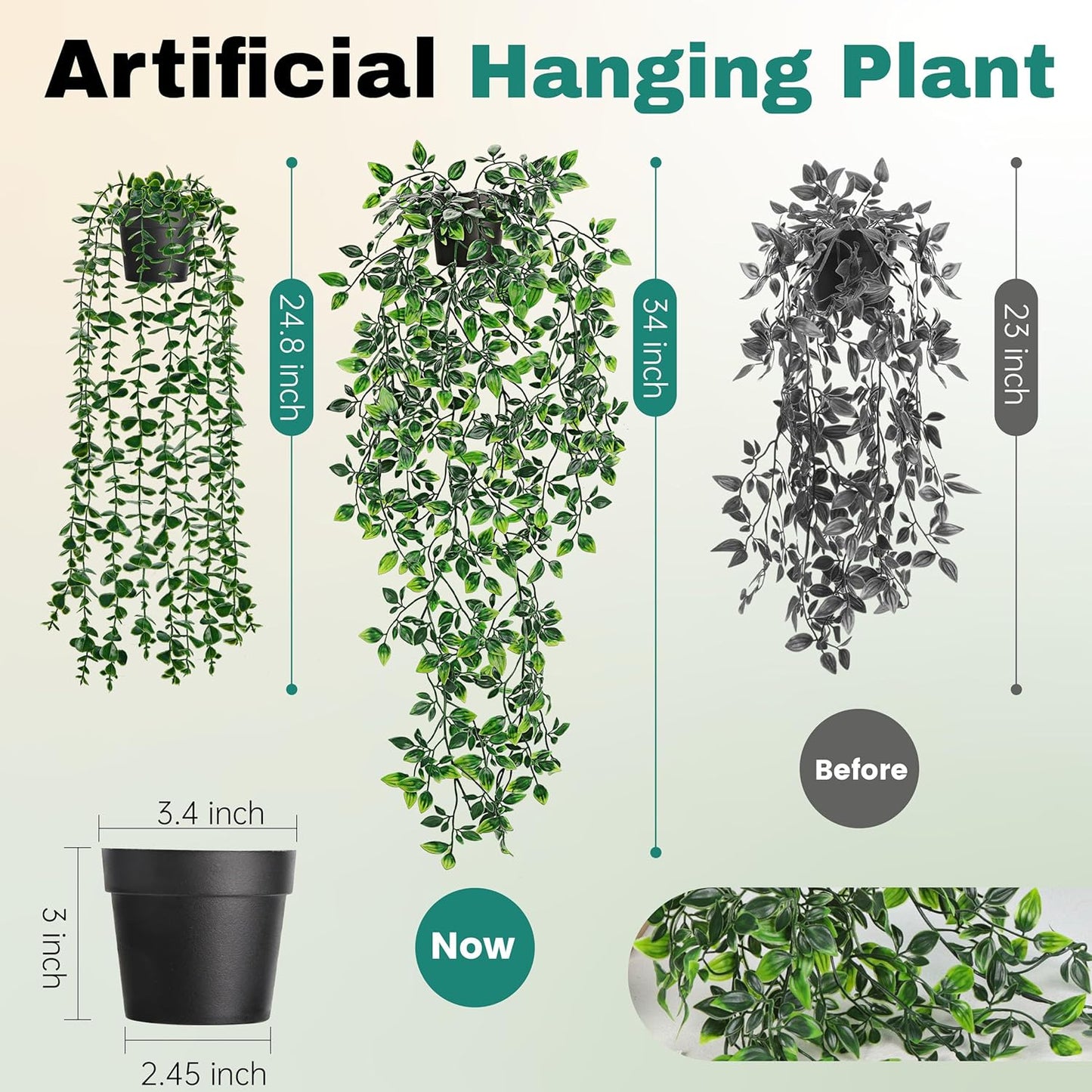 Der Rose 34'' Fake Plants Hanging Artificial Potted Plants Indoor and Outdoor for Home Bathroom Wall Shelf Office Decor (1Pack)