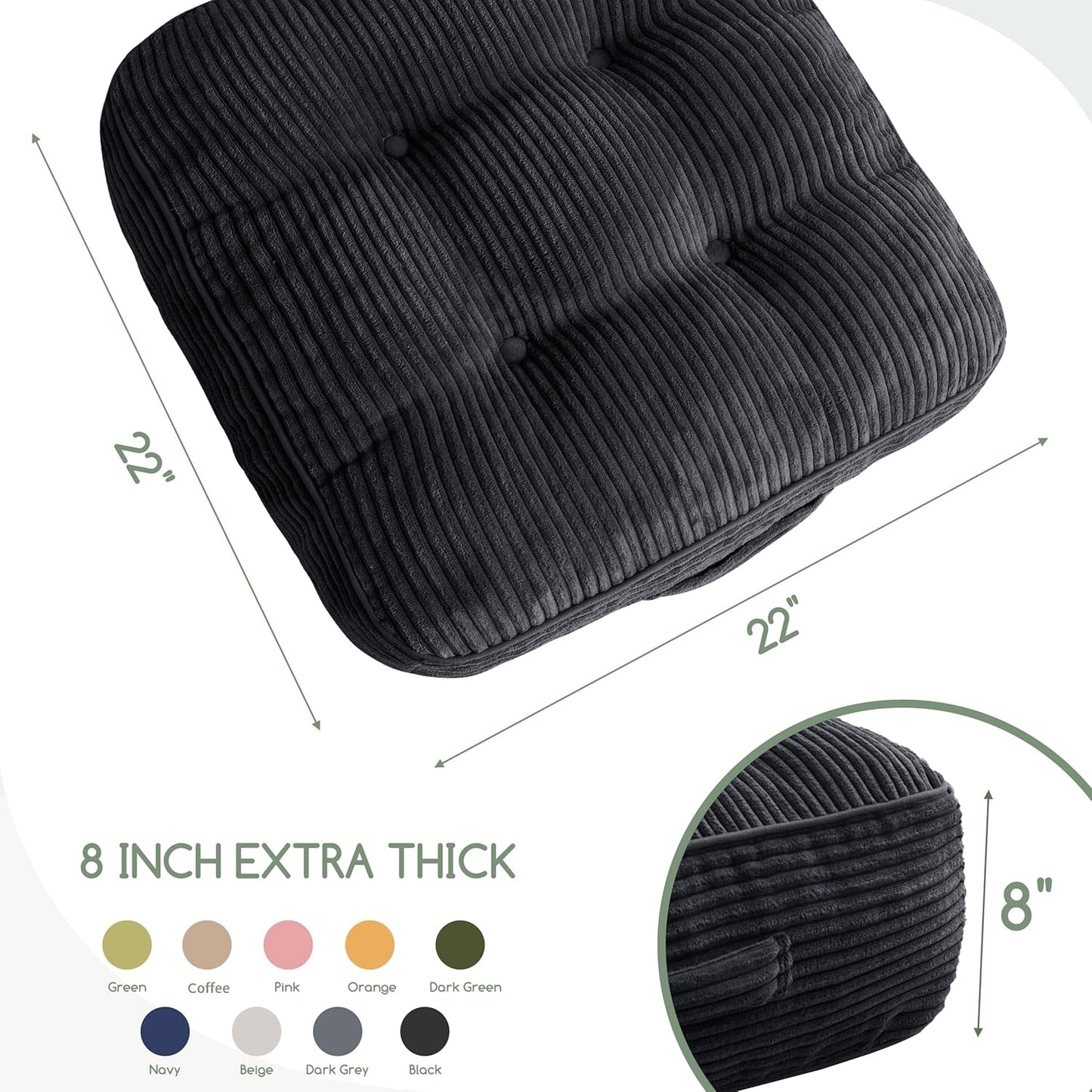 HIGOGOGO 6" Extra Thick Floor Pillow Cushion for Adults, Meditation Cushion Pillow, Large Square Floor Sitting, Tufted Corduroy Cover, for Tatami Living Room or Yoga, 22x22 Inch, 2Pack, Dark Grey
