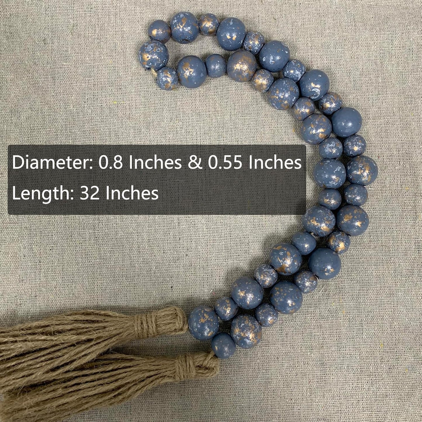Handcrafted Farmhouse Wooden Decorative Beads Garland, Table Tray Boho Wood Beads with Tassel, Small Rustic Antique Decor for Home and Events (32" Rustic Blue)