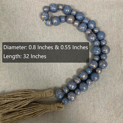 Handcrafted Farmhouse Wooden Decorative Beads Garland, Table Tray Boho Wood Beads with Tassel, Small Rustic Antique Decor for Home and Events (32" Rustic Blue)