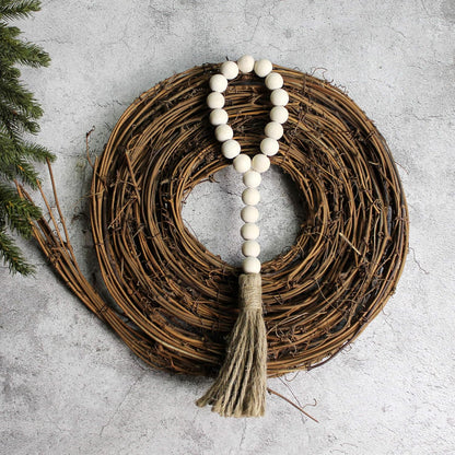CVHOMEDECO. Wood Beads Garland with Tassels 3 PCS Farmhouse Rustic Wooden Prayer Bead String Wall Hanging Accent for Home Festival Decor. Natural