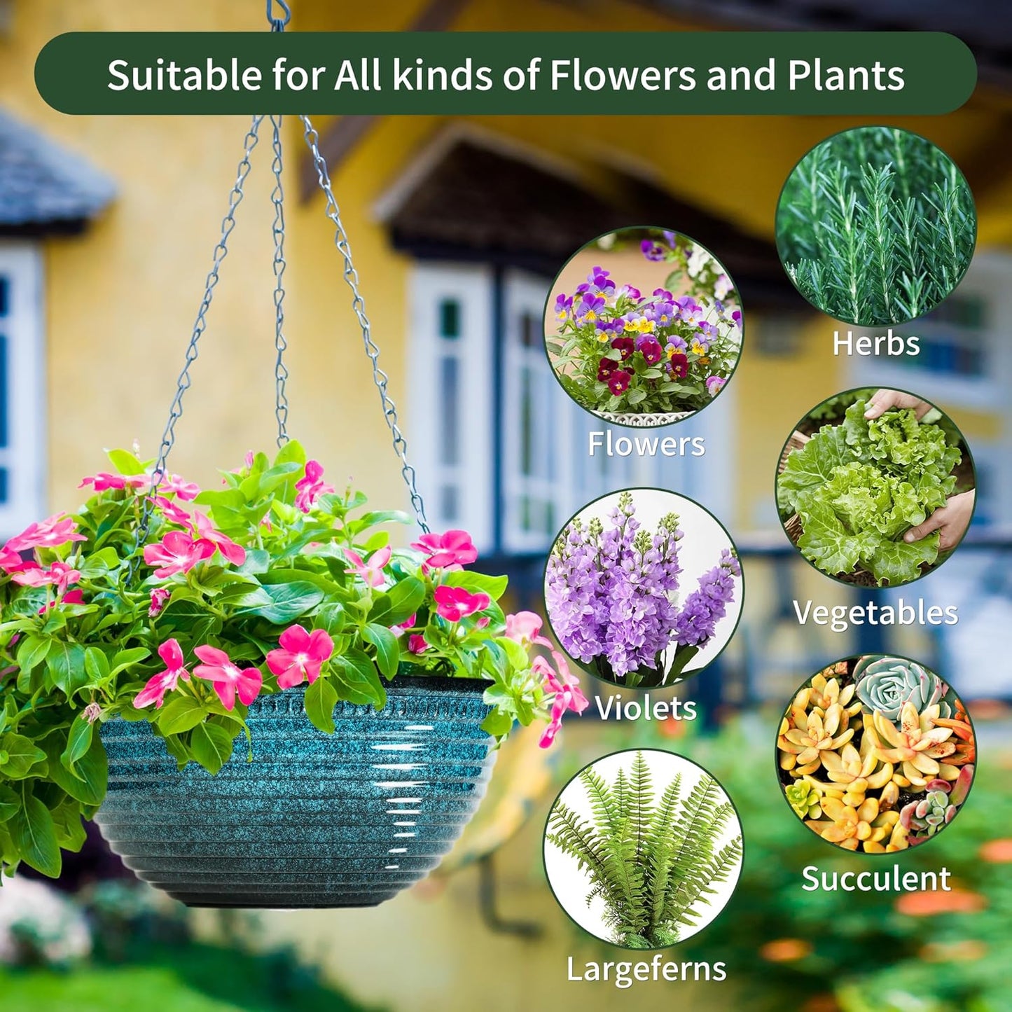 Vanslogreen 2 Pack Hanging Planters for Indoor Outdoor Plants, 10 Inch Hanging Planter with Drainage Hole & Plug Glazed Hanging Baskets Flower Pots for Garden Home (Blue)