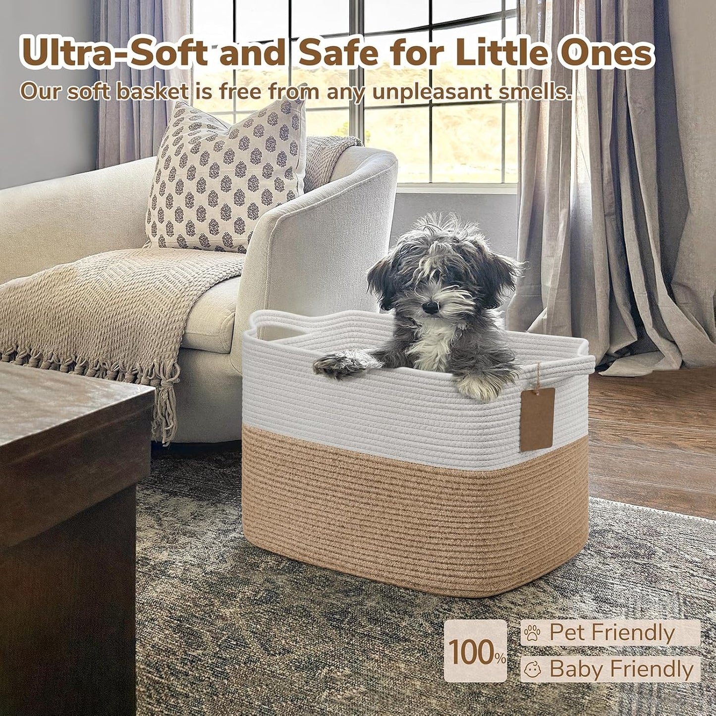Goodpick Woven Storage Basket, Cotton Rope Basket for Dog Toys, Books, Stylish Gift Basket with Handles, 13 x 10 x 9 Inches Square Baskets for Organizing, Brown and White