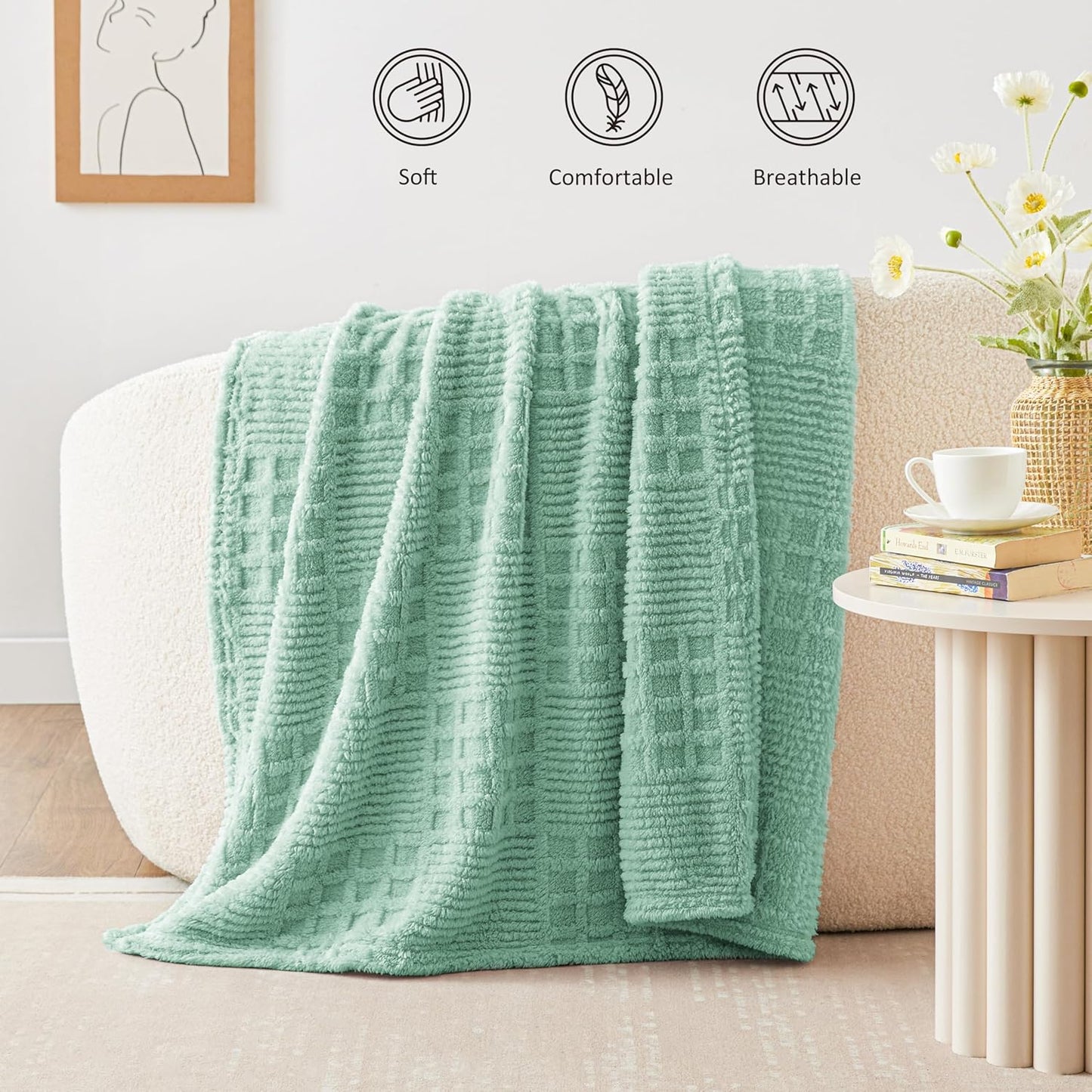 EXQ Home Fleece Throw Blanket for Couch or Bed - 3D Imitation Turtle Shell Jacquard Decorative Blankets - Cozy Soft Lightweight Fuzzy Flannel Blanket Suitable for All Seasons(50"×60",Beige)
