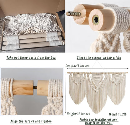 oiikain Large Handmade Boho Macrame Wall Hanging Tapestry - Chic Bohemian Woven Home Decor art for Living Room, Bedroom, and Wedding Parties (Beige, twelve rhombus)