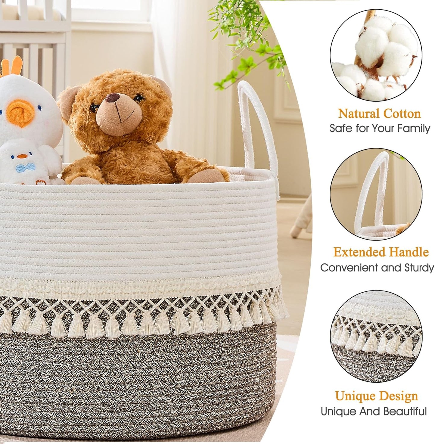 KAKAMAY Large Blanket Basket (20"x13"),Woven Baskets for storage Baby Laundry Hamper, Cotton Rope Blanket Basket for Living Room, Laundry, Nursery, Pillows, Baby Toy chest (White/Brown)