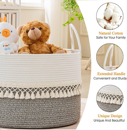 KAKAMAY Large Blanket Basket (20"x13"),Woven Baskets for storage Baby Laundry Hamper, Cotton Rope Blanket Basket for Living Room, Laundry, Nursery, Pillows, Baby Toy chest (White/Brown)