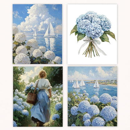 Poecinvi Blue and White Hydrangea Nautical Canvas Wall Art Prints Set of 4, Rustic French Country Hydrangea Flower Coastal Beach Posters Pictures Wall Decor for Home Living Room, 8x10 Unframed