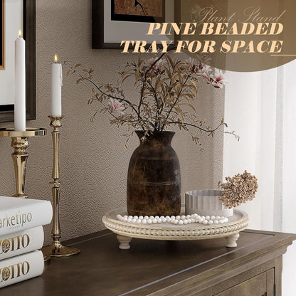 EOSAHR Round Pine Wooden Display Riser - Beaded Wood Riser for Plant, Sponge Holder & Perfume Organizer - Rustic Display Stand Kitchen Counter Organizer, Boho Chic Home Decor for Living Room(Brown)