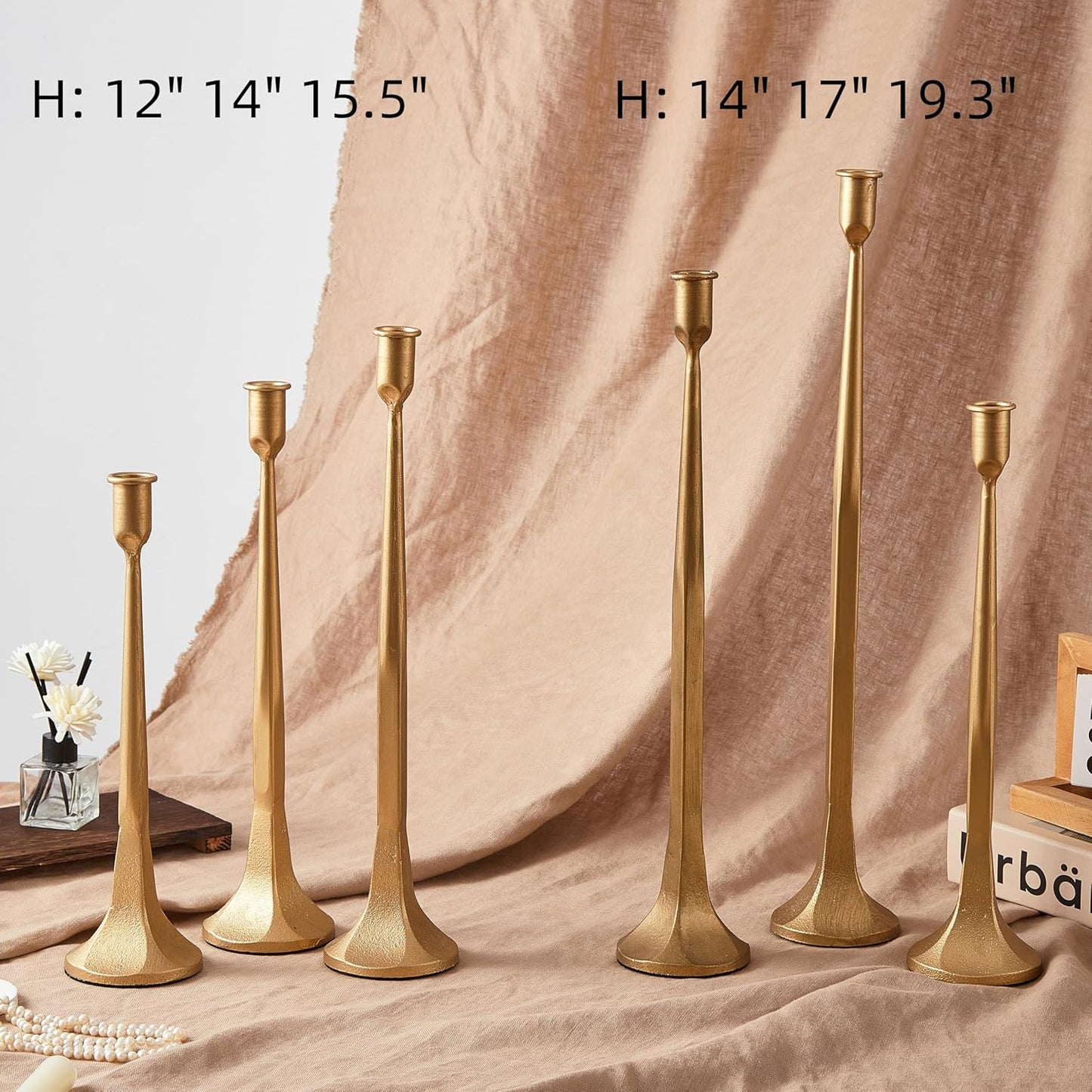 Denique Iron Taper Candle Holder Set of 3, Gold Candlestick Holders Decorative Candle Stand, Tapered Candle Holders Tall Set for Wedding, Dining Table, Home Decoration (Gold)