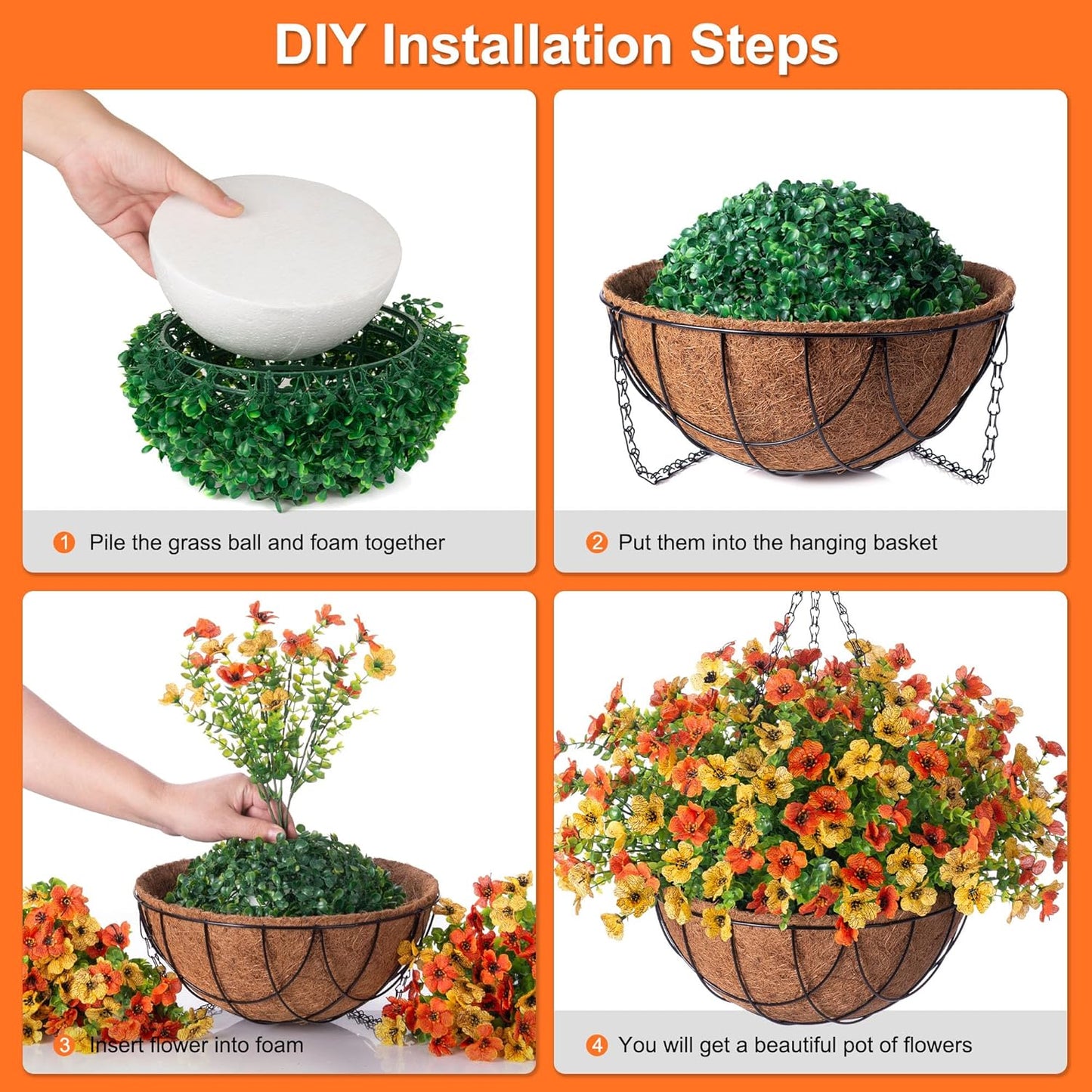 Artificial Silk Flowers Hanging Basket for Outdoor Indoor, Daisy with Eucalyptus Leaves Arrangement for Garden Yard Spring Summer Decor, Faux Green Plant in Metal Coconut Lining Pot(Red Purple)