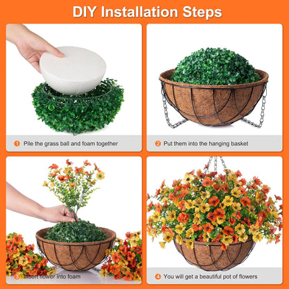 Artificial Silk Flowers Hanging Basket for Outdoor Indoor, Daisy with Eucalyptus Leaves Arrangement for Garden Yard Spring Summer Decor, Faux Green Plant in Metal Coconut Lining Pot(Red Purple)