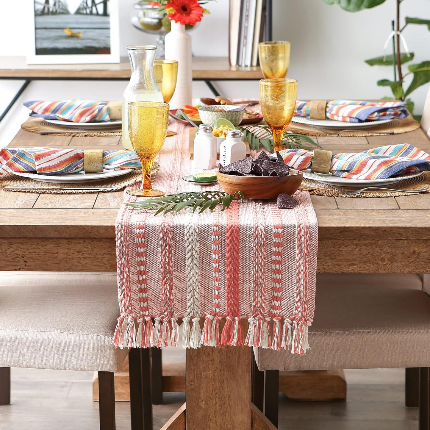 DII Farmhouse Braided Stripe Table Runner Collection, 15x72 (15x77, Fringe Included), Black
