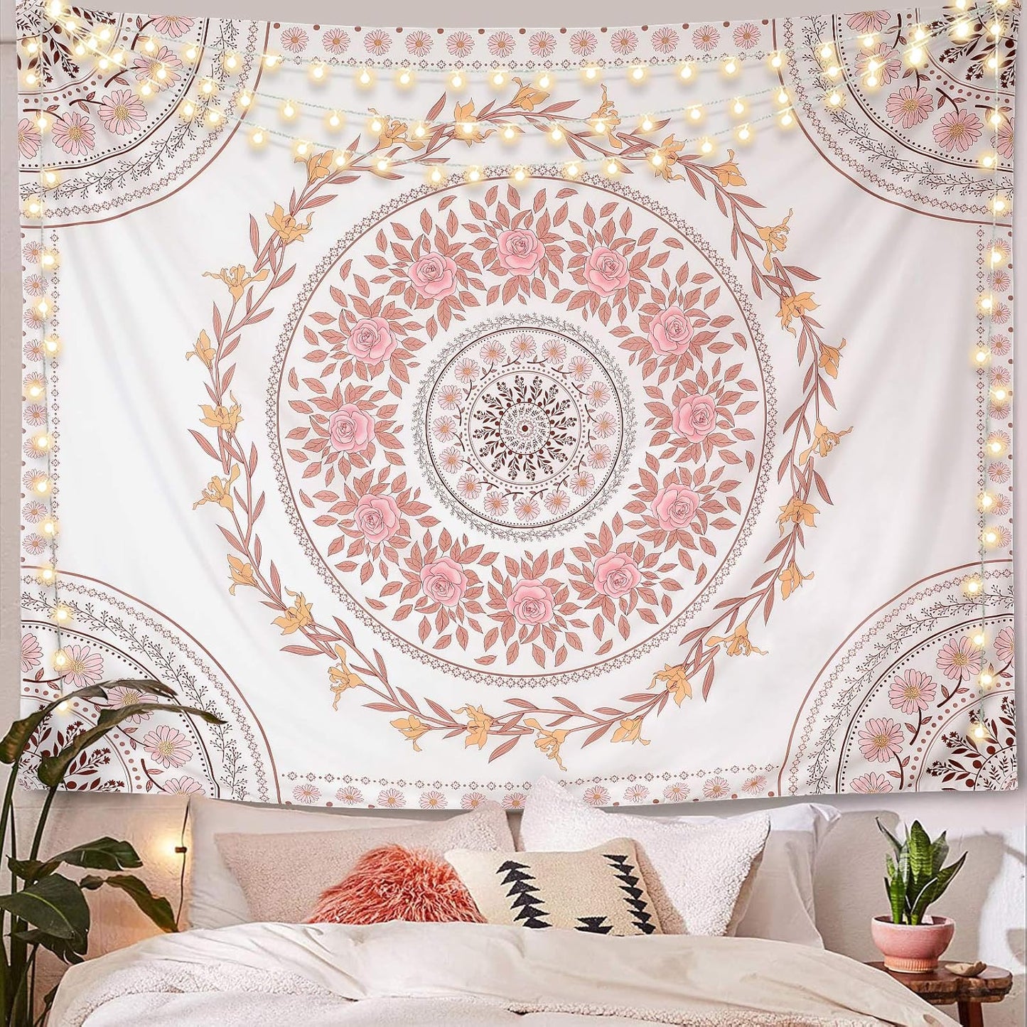 Wall Tapestry for Bedroom Aesthetic Pink Mandala Wall Hanging Large Boho Trippy Tapestries Bohemian Art Tapistry Hippie Floral Tapastry Decor For Bedroom Ceiling Living Room Dorm (60ʺ × 60ʺ)