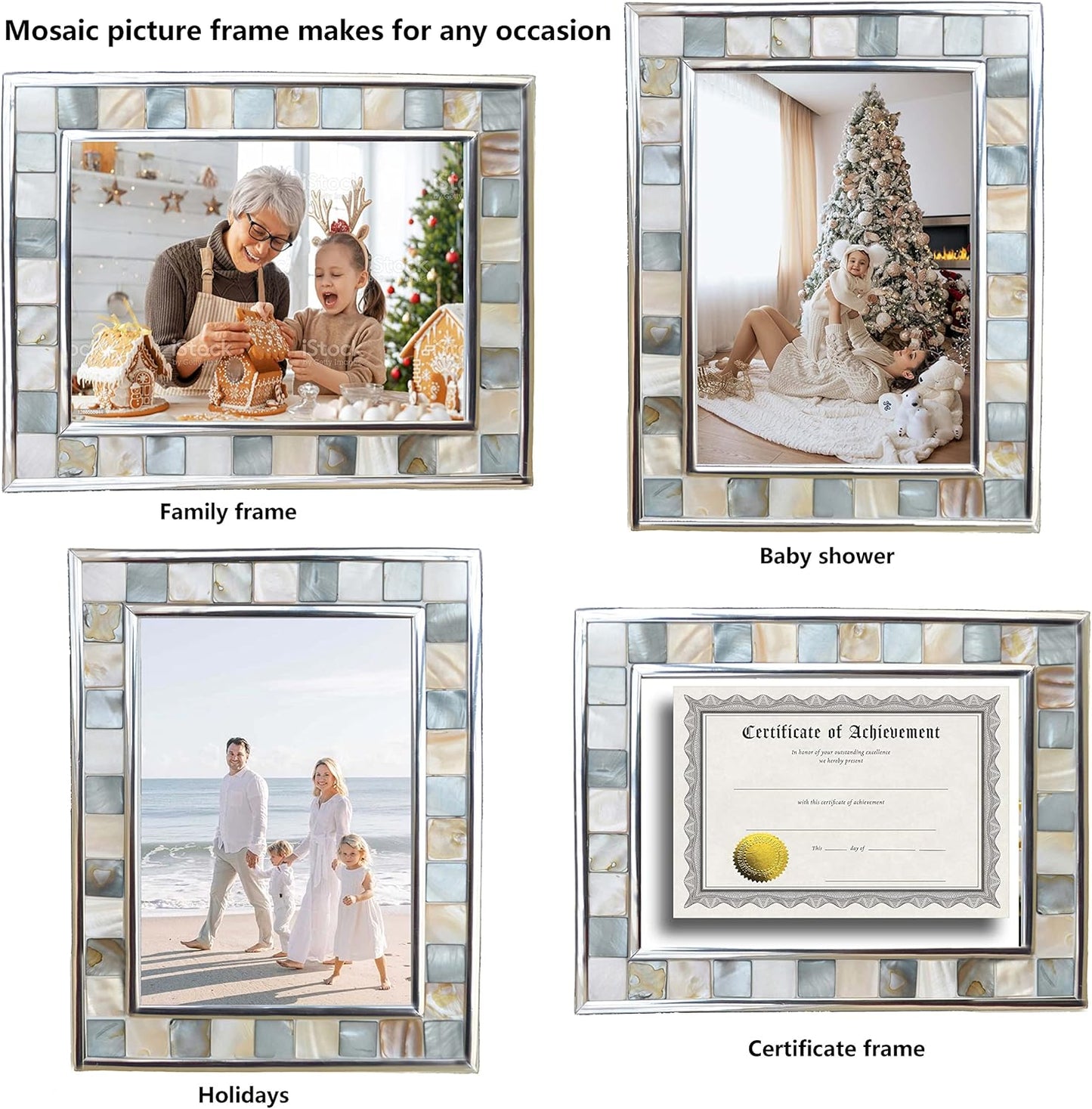 Silver Plate Picture Frame 5x7 Mother of Pearl 5 by 7 Photo Frame Mosaic Glass Tabletop Frame (Grey+ White,1pc)