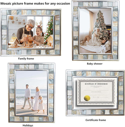 Silver Plate Picture Frame 5x7 Mother of Pearl 5 by 7 Photo Frame Mosaic Glass Tabletop Frame (Grey+ White,1pc)