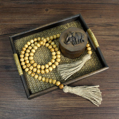 CVHOMEDECO. Wood Beads Garland with Tassels Farmhouse Rustic Wooden Prayer Bead String Wall Hanging Accent for Home Festival Decor. Mix Distressed
