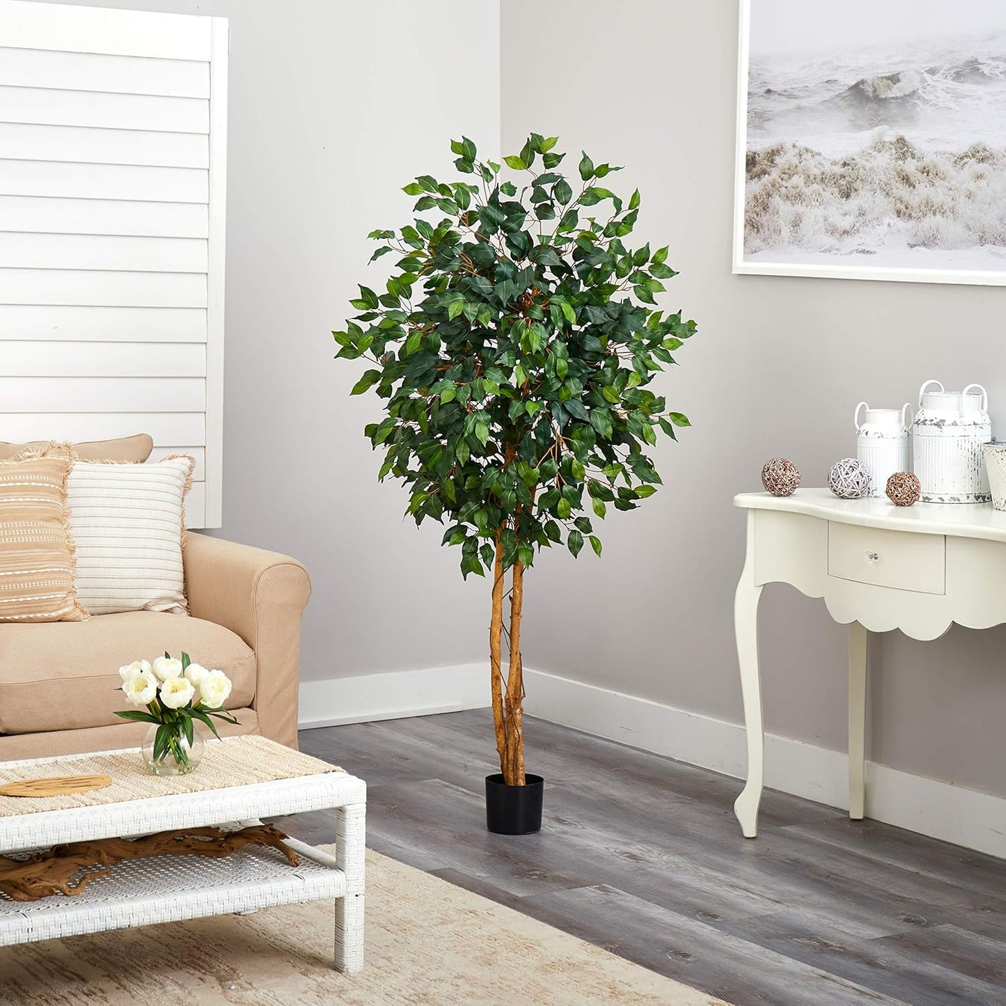 Nearly Natural 4ft Triple Trunk Ficus Silk Tree with Natural Wood Trunks and Dense Foliage, Mid-Size Faux Floor Plant for Home and Office