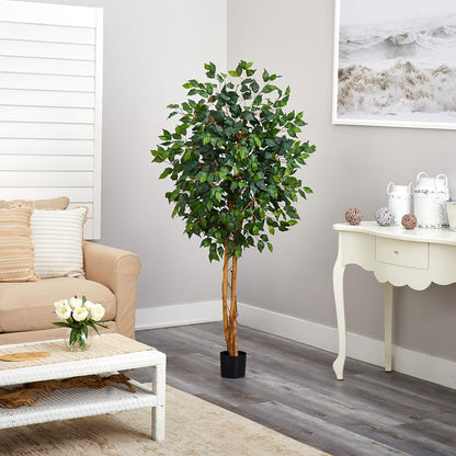 Nearly Natural 4ft Triple Trunk Ficus Silk Tree with Natural Wood Trunks and Dense Foliage, Mid-Size Faux Floor Plant for Home and Office