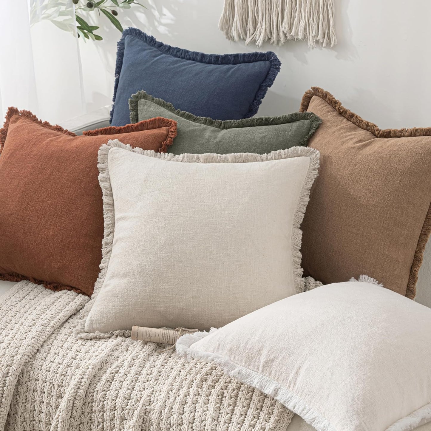 MIULEE Decorative Throw Pillow Covers Neutral Linen Fringe Throw Pillows Set of 2 Natural Beige Boho Farmhouse Cushion Covers with Tassels for Couch Sofa Bed Spring Home Decor 20x20 Inch
