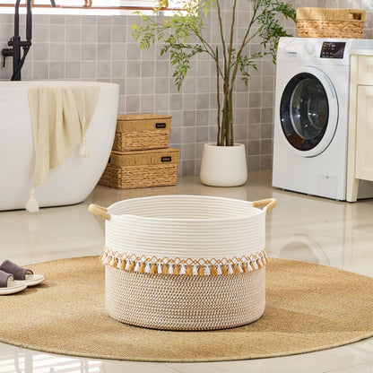KAKAMAY Large Blanket Basket (20"x13"),Woven Baskets for storage Baby Laundry Hamper, Cotton Rope Blanket Basket for Living Room, Laundry, Nursery, Pillows, Baby Toy chest (White/Brown)