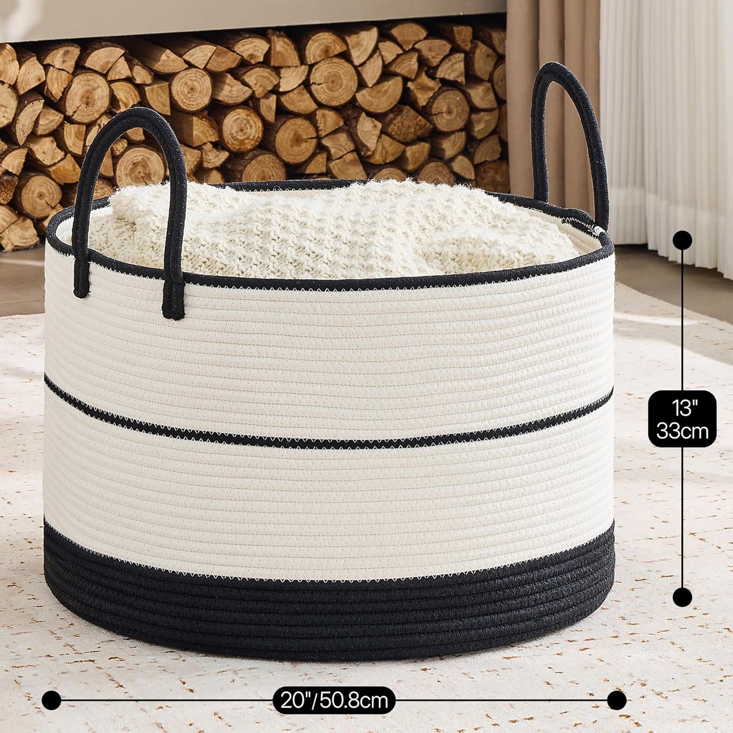 KAKAMAY Large Blanket Basket (20"x13"),Woven Baskets for storage Baby Laundry Hamper, Cotton Rope Blanket Basket for Living Room, Laundry, Nursery, Pillows, Baby Toy chest (White/Brown)