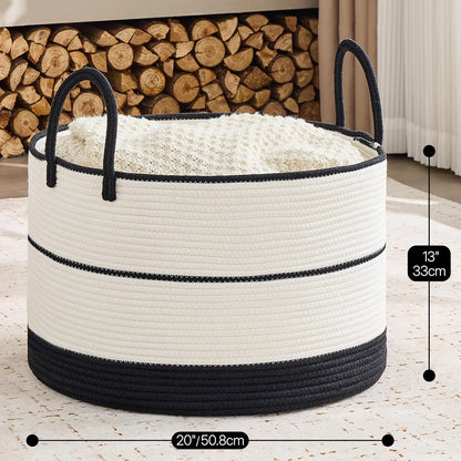 KAKAMAY Large Blanket Basket (20"x13"),Woven Baskets for storage Baby Laundry Hamper, Cotton Rope Blanket Basket for Living Room, Laundry, Nursery, Pillows, Baby Toy chest (White/Brown)