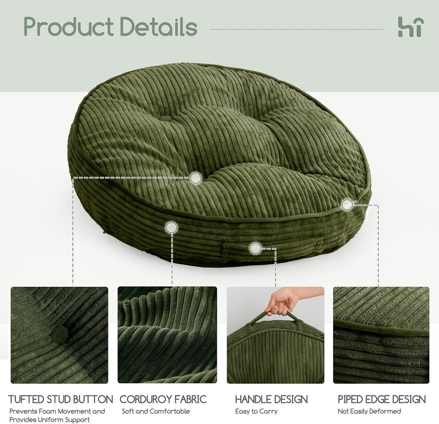HIGOGOGO 6" Extra Thick Floor Pillow Cushion for Adults, Meditation Cushion Pillow, Large Square Floor Sitting, Tufted Corduroy Cover, for Tatami Living Room or Yoga, 22x22 Inch, 2Pack, Dark Grey