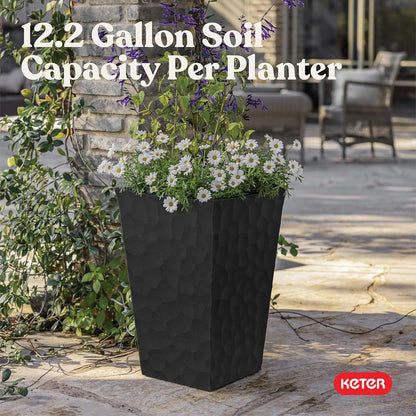 Keter Set of 2 Resin Modern Outdoor 22 Inch Tall Large Flower Pots, Tapered Wood Look Planters for Outdoor Plants and Front Porch Decor, Graphite