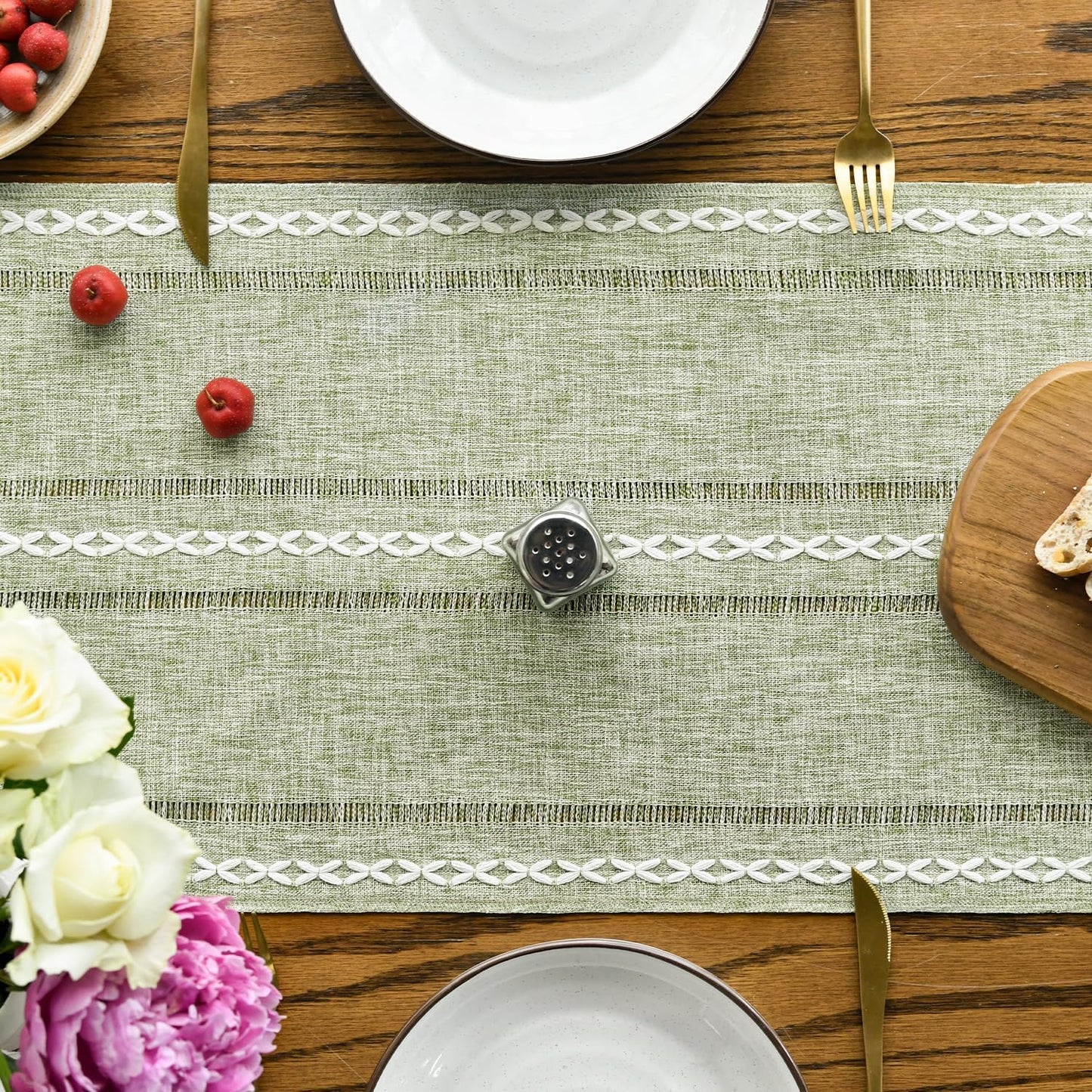 Artoid Mode Beige Rustic Cotton Linen Table Runner, Seasonal Embroidered Hollow Kitchen Dining Table Decoration for Home Party Decor 13x72 Inch