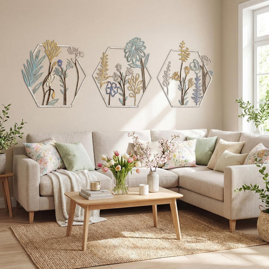 Peryiter 3 Pcs Metal Flower Wall Decor Minimalist Floral Wall Hanging Decor Metal Flower Rustic Floral Art for Spring Living Room Bathroom Kitchen Indoor Outdoor(Colorful)
