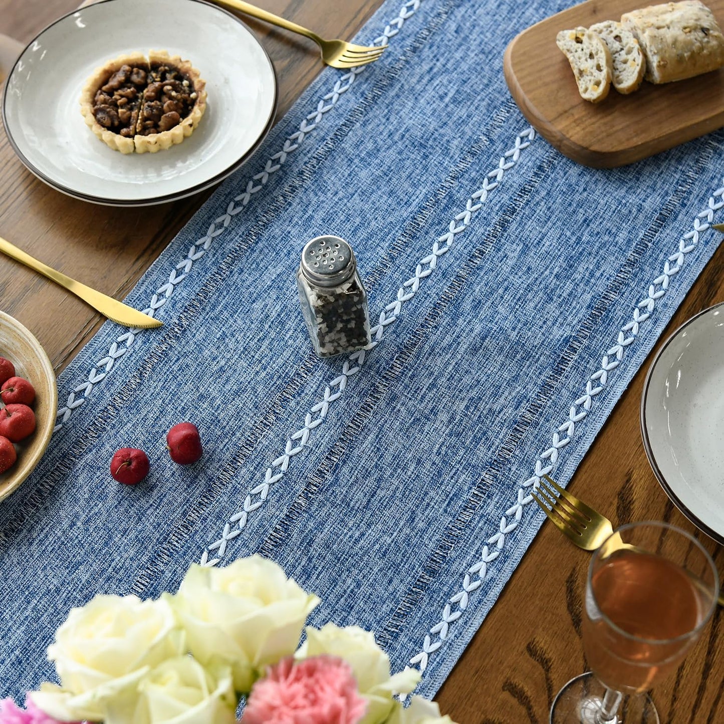 Artoid Mode Beige Rustic Cotton Linen Table Runner, Seasonal Embroidered Hollow Kitchen Dining Table Decoration for Home Party Decor 13x72 Inch