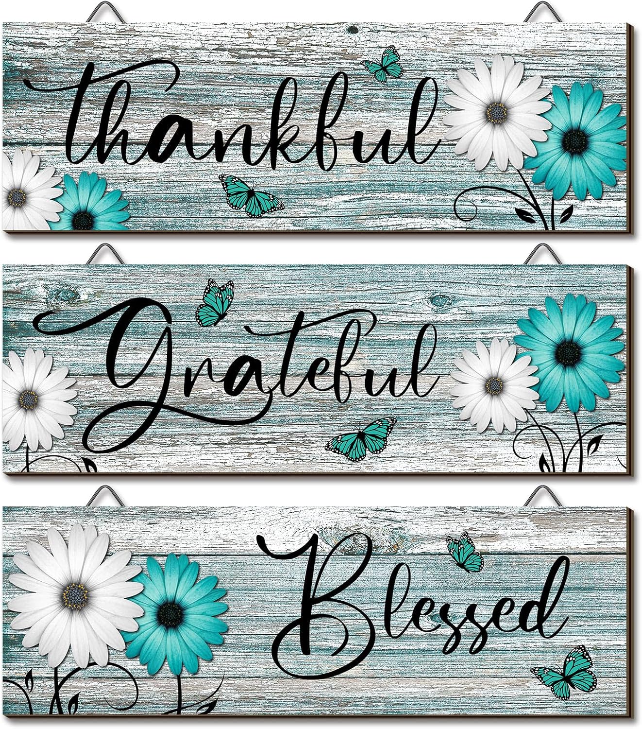 Geetery 3 Pcs Thankful Grateful Blessed Wooden Signs Rustic Daisy Wood Wall Decor Inspirational Wall Art Signs Rustic Wooden Hanging Decorations for Bedroom Kitchen Living Room Bathroom Home (Blue)