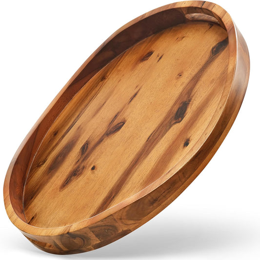 TIDITA Acacia Oval Wooden Serving Tray with Handless - 16.5" x 13" Ottoman Table Oval Wooden Tray - Round Serving Tray - Ottoman Tray for Living Room, Coffee Table Decor, Serving Platter, Walnut color