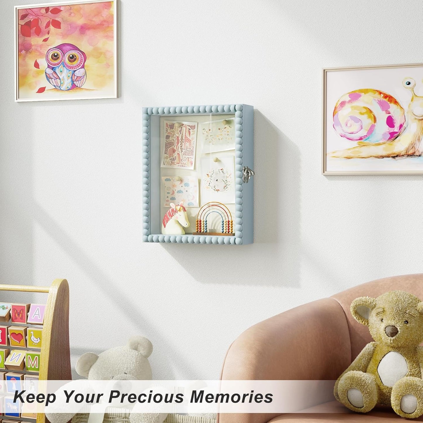 Love-KANKEI Shadow Box Frame 11x14, Deep Large Shadow Box Display Case with Unique Beads Door and Glass Window, Wood Memory Box for Pictures,Medals,Memorabilia,Collections White